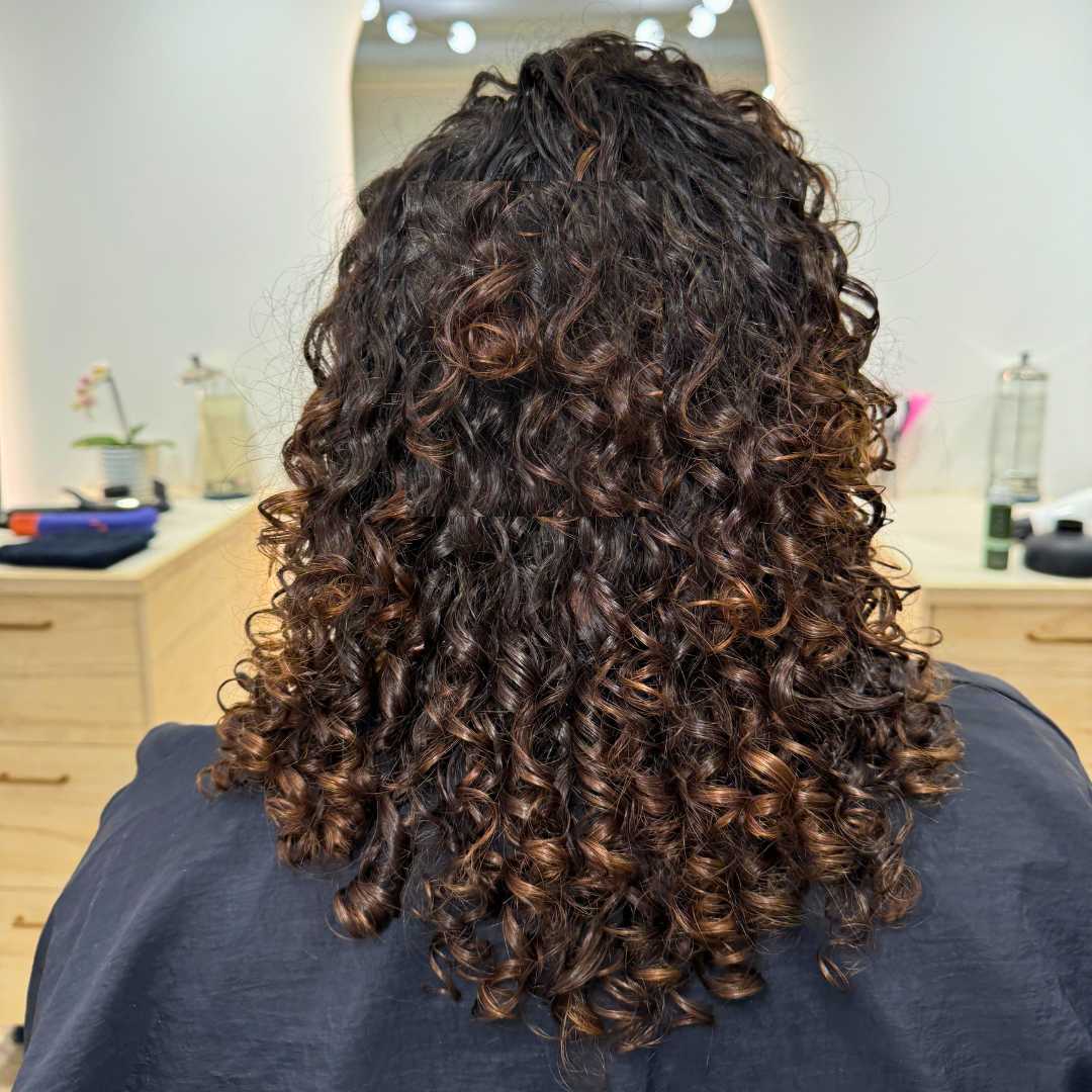 A woman with long, curly blonde hair styled in braids is seated in a chair.